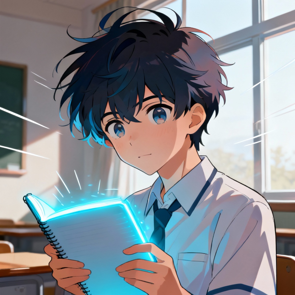 Anime character of a high school prodigy with glowing notebook