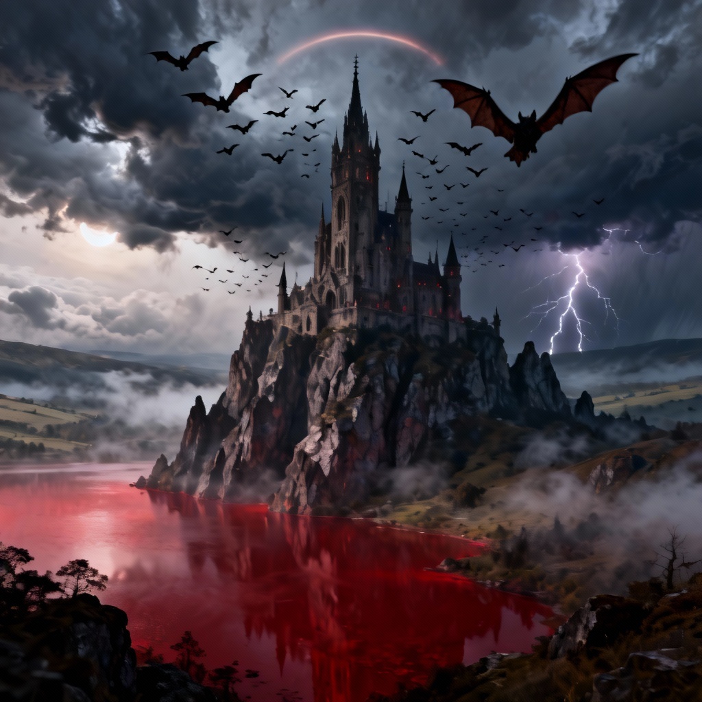 AI dark fantasy castle above a red lake with bats