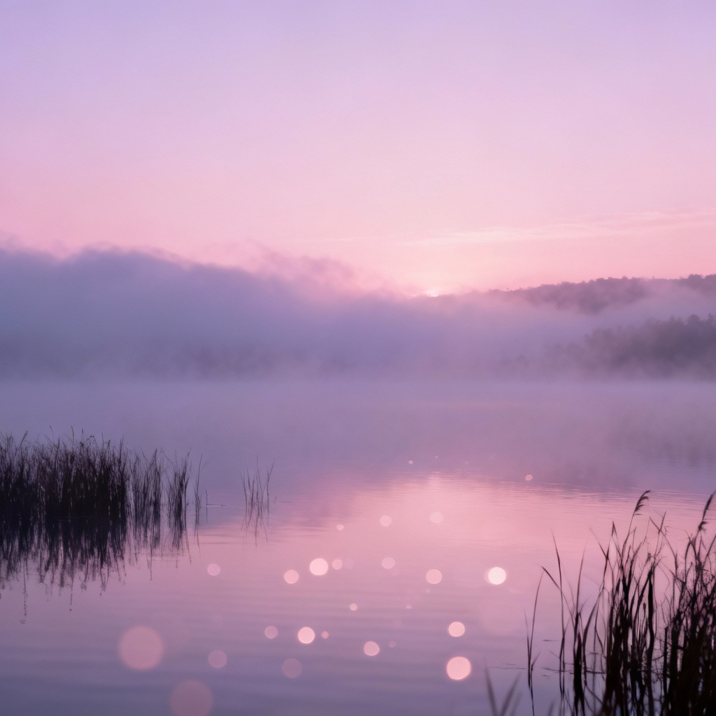 AI dreamy lake sunrise with mist and pastel bokeh