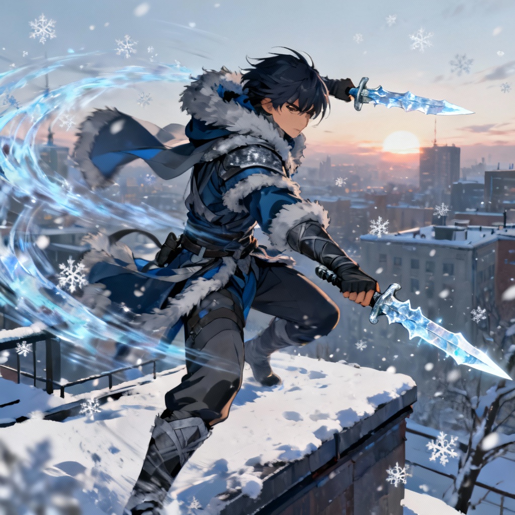 AI Genshin-style cryo rogue with twin blades