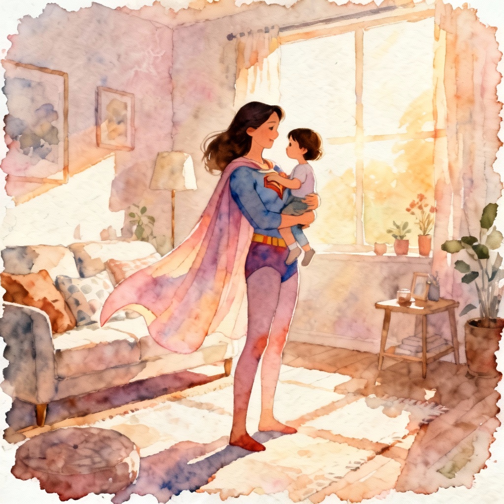 AI Watercolor Super Mom With Child