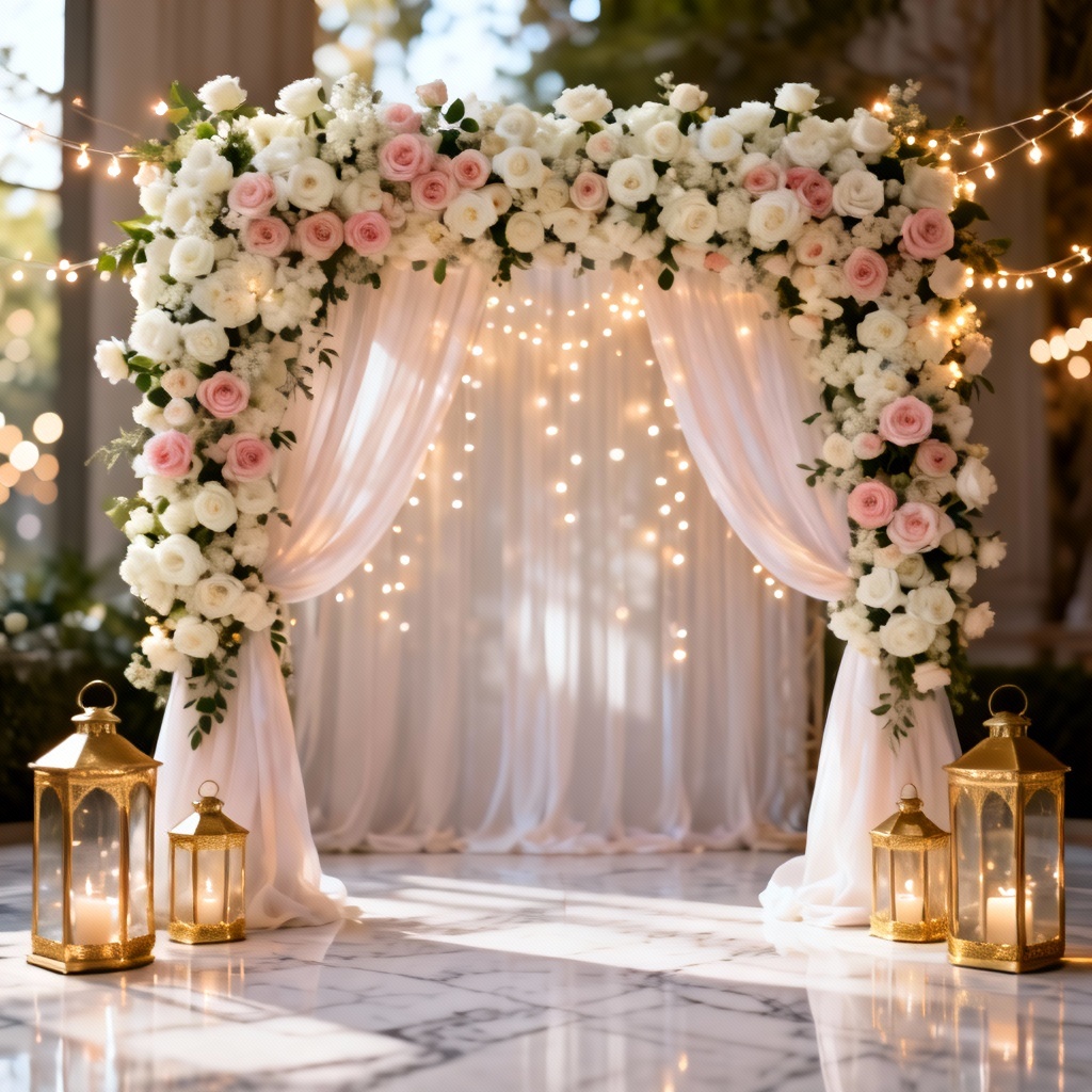 AI beautifully decorated wedding backdrop with floral arch and fairy lights