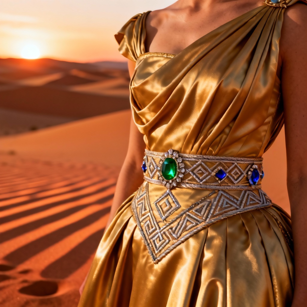 AI desert princess gown in gold satin with draped silhouette