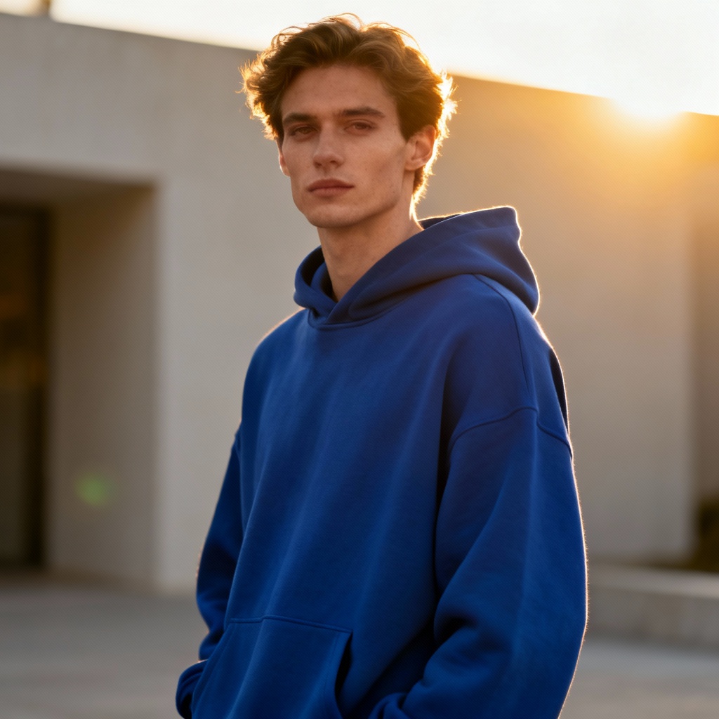 AI cobalt blue oversized hoodie lifestyle image