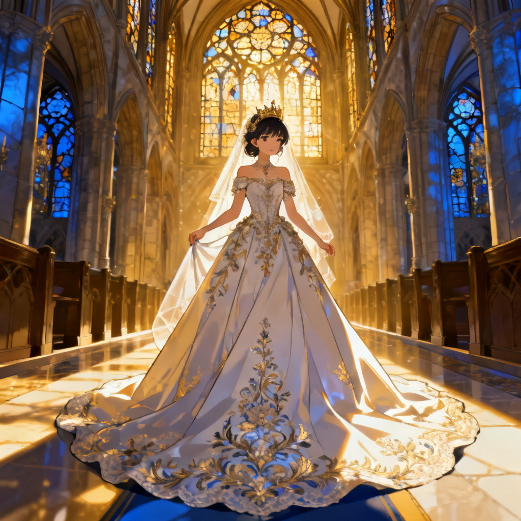 AI anime bride in cathedral with stained glass