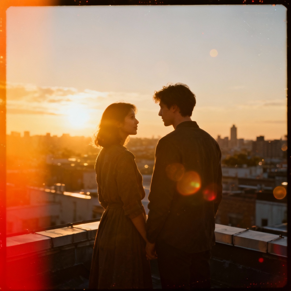 AI golden hour light leak effect on rooftop portrait
