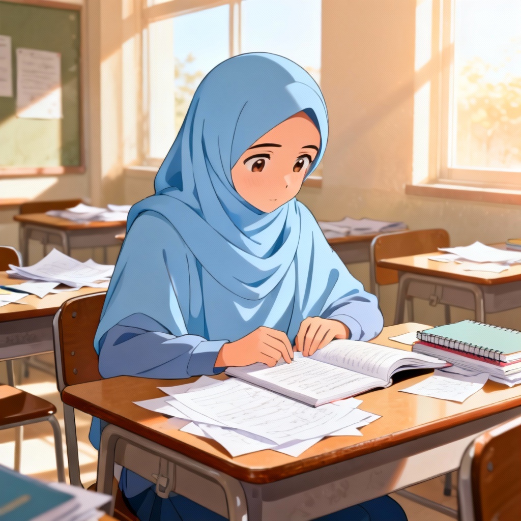 AI anime hijab student studying in classroom