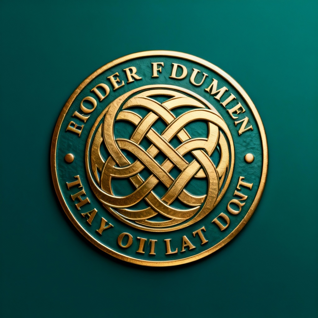AI Celtic knot logo badge in gold and emerald