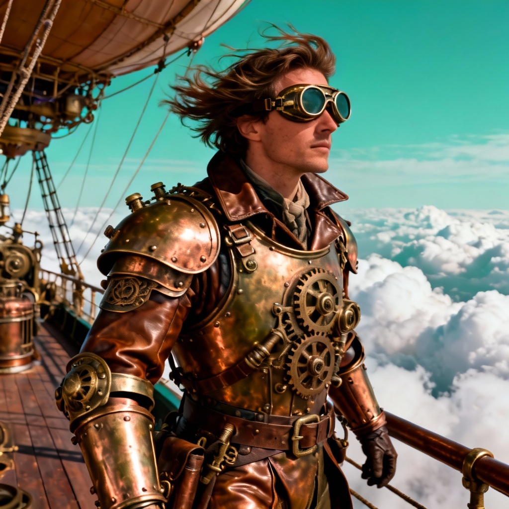 AI steampunk sky captain with goggles and brass exosuit