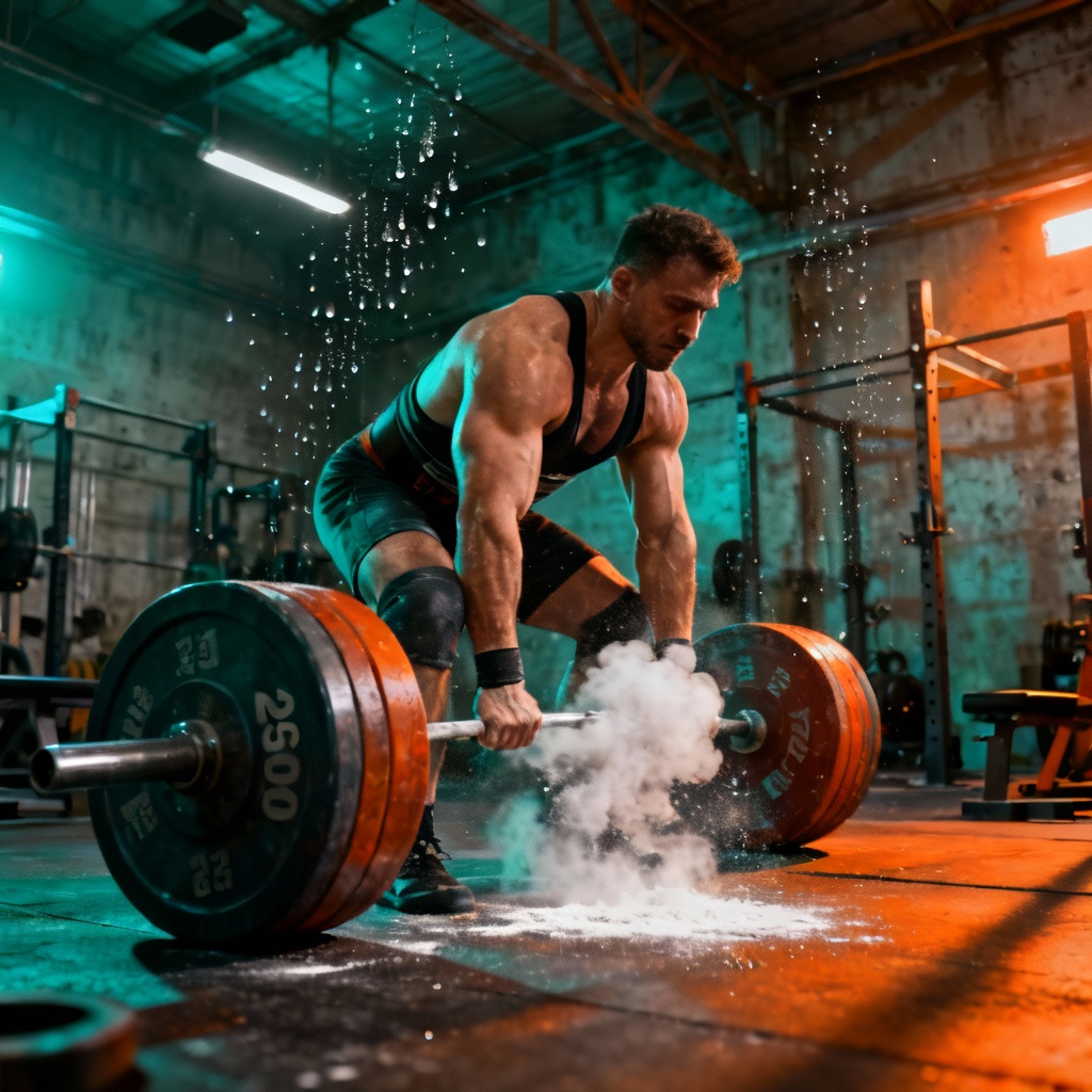 Photorealistic powerlifter deadlift with chalk burst