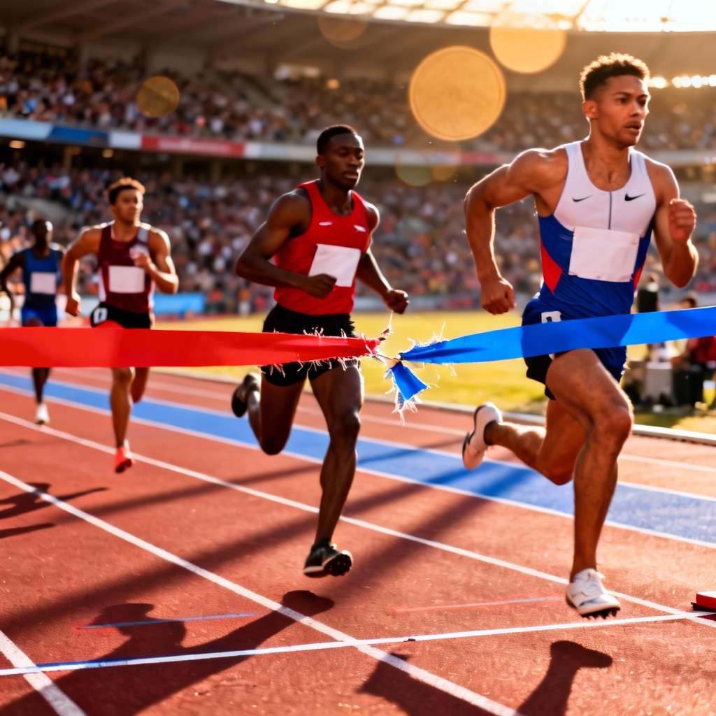 AI track photo finish with sprinters breaking the tape