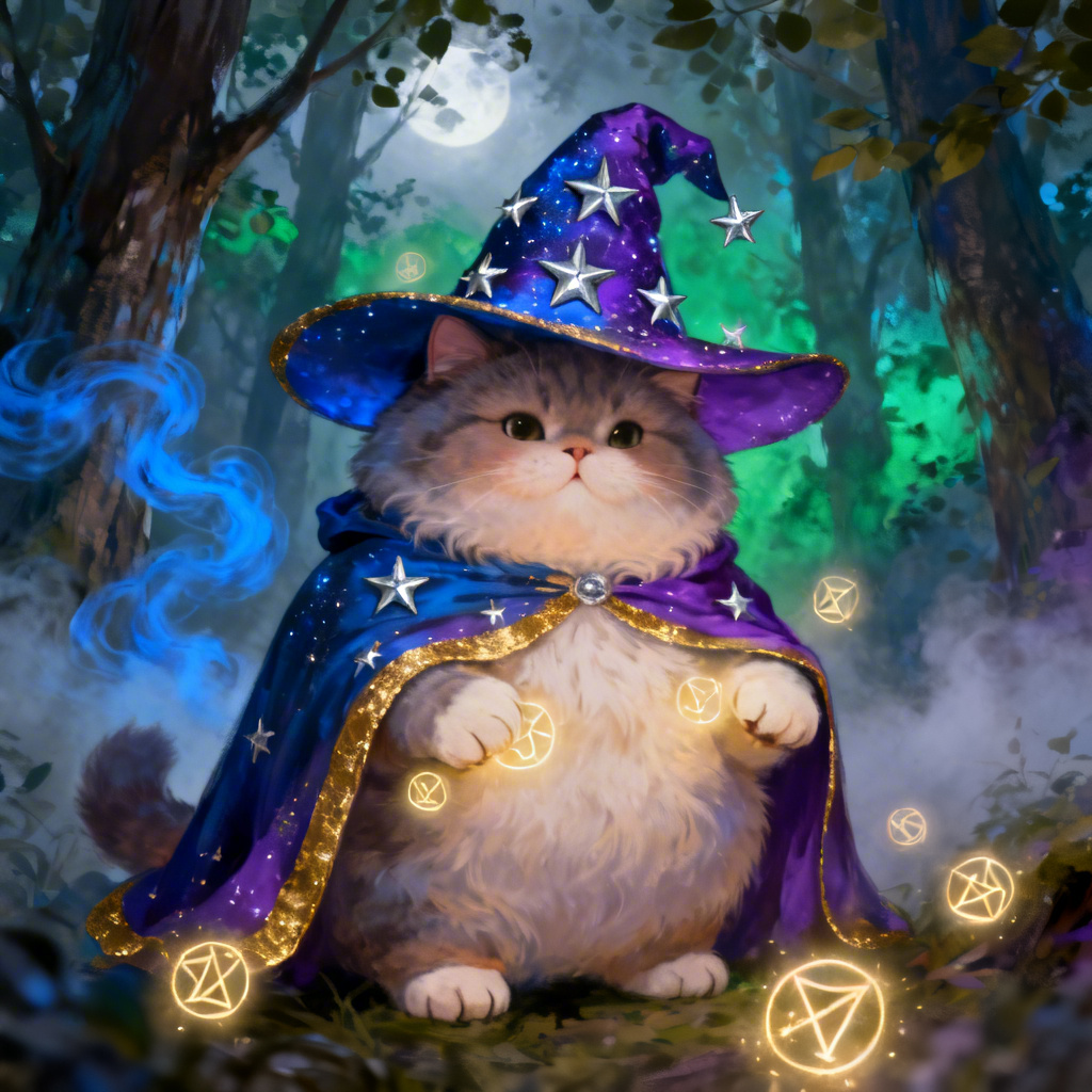 Fantasy wizard chubby cat with glowing runes