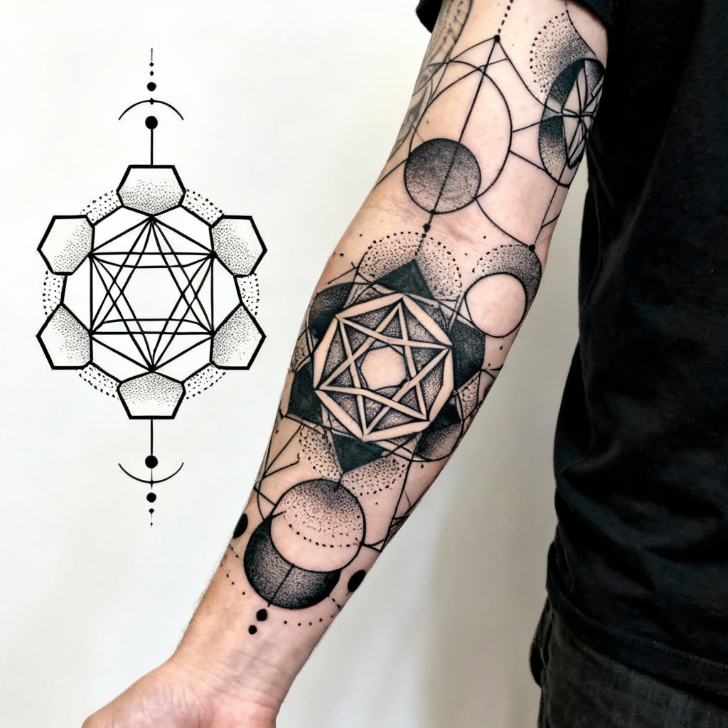 Sacred geometry forearm sleeve tattoo with precise linework