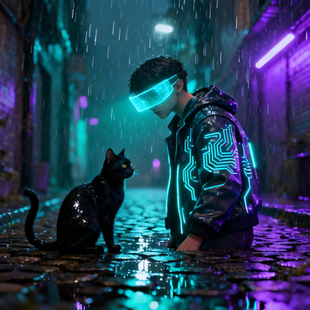 Cyberpunk black cat with visor in neon alley