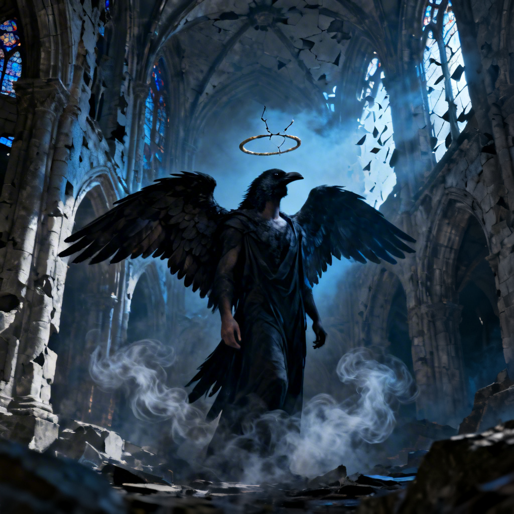 Dark fallen angel with black wings in gothic ruins