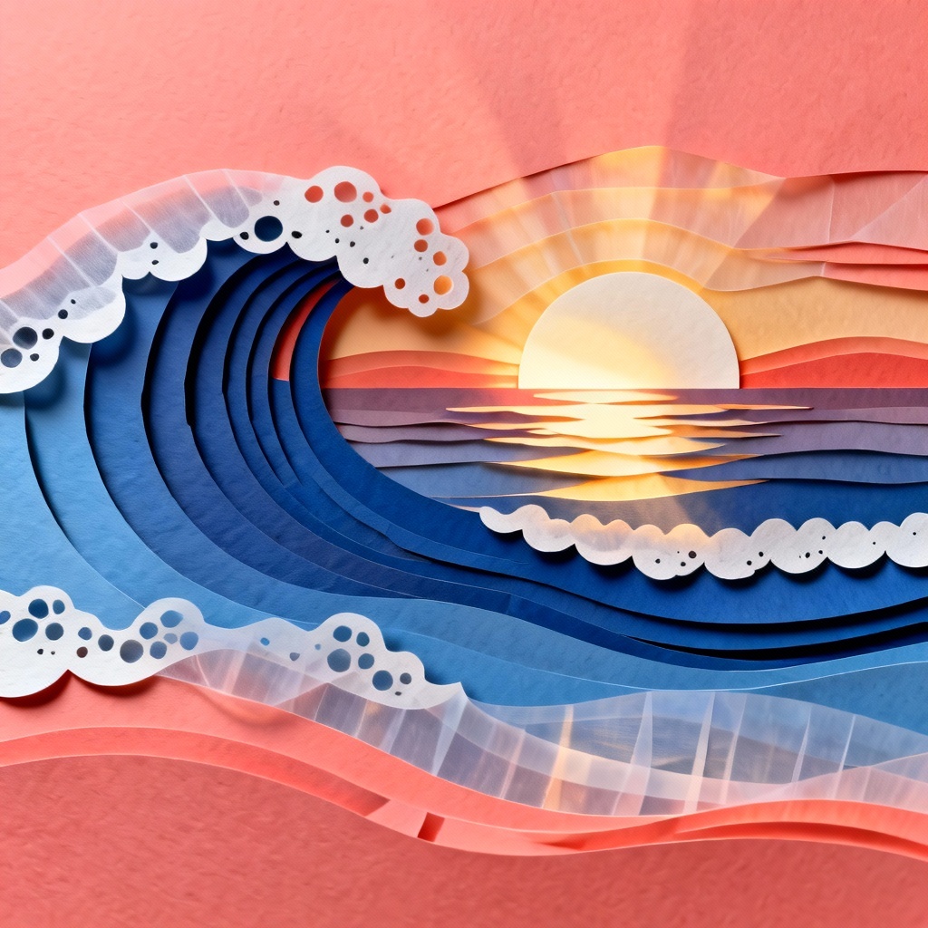 AI papercut seascape with layered sunset coastline