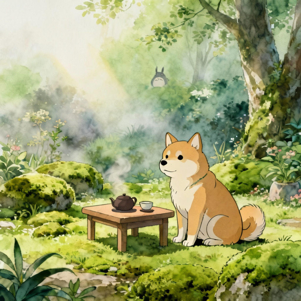 AI Ghibli pet portrait of a shiba in a tea garden