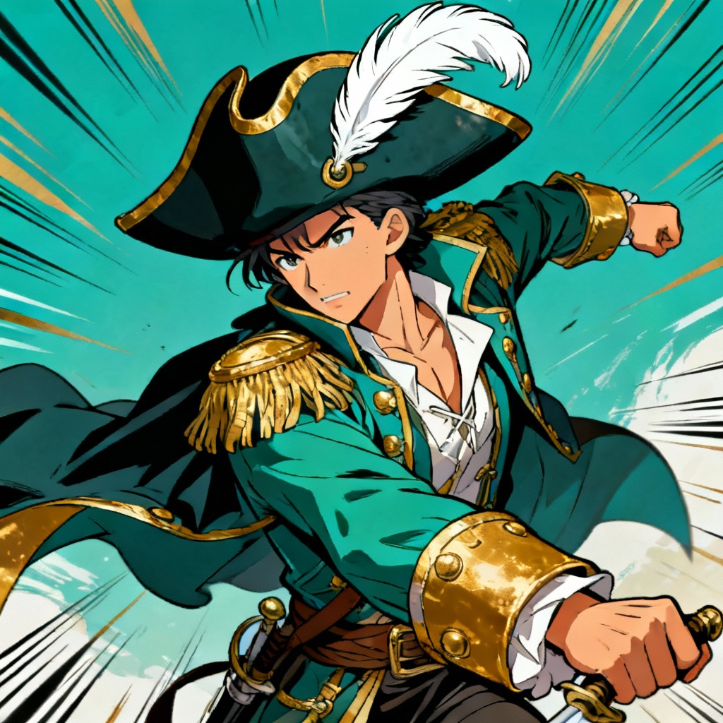 Anime swashbuckler character wearing a stylized tricorn hat