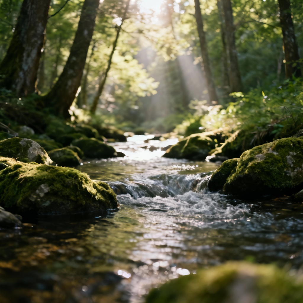 Moss-covered boulders along a clear forest stream