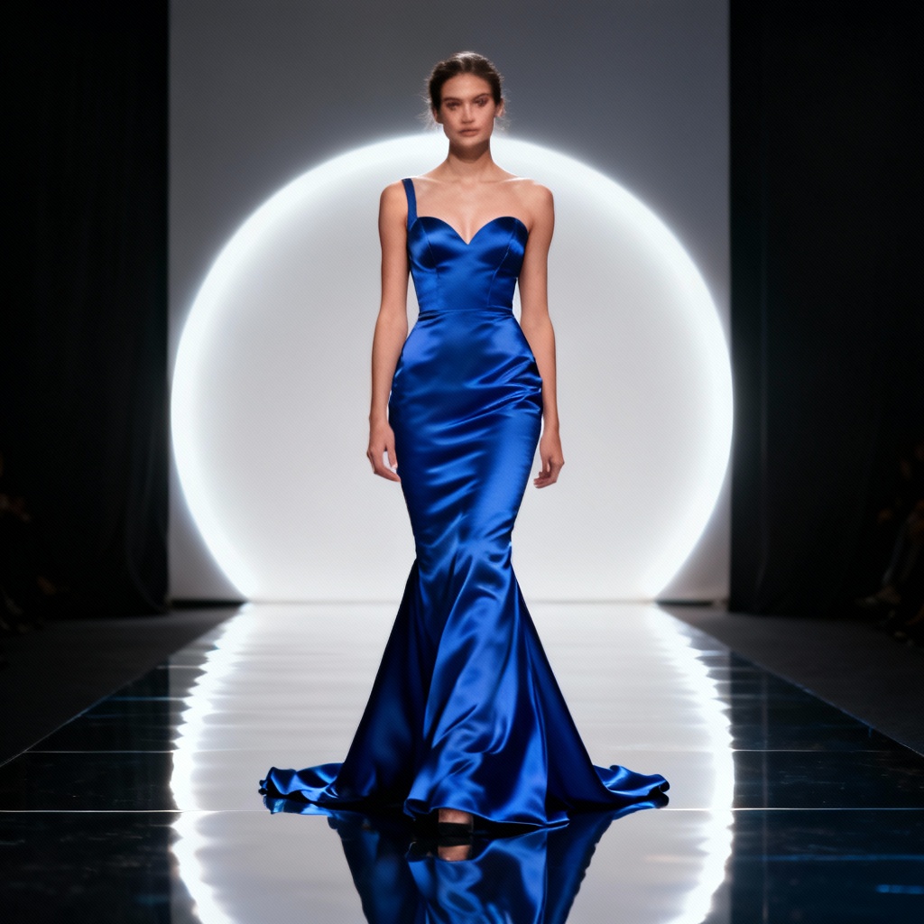 AI model wearing a royal blue satin mermaid gown on runway
