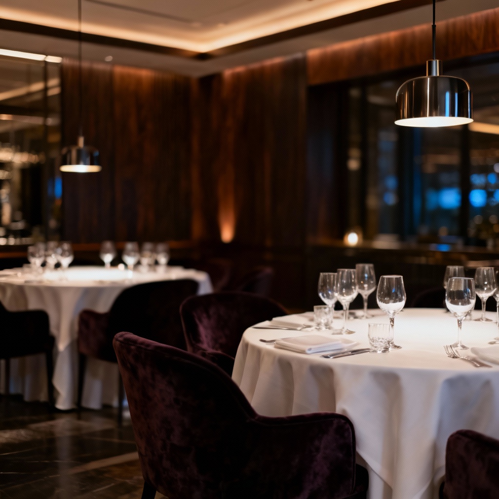 AI luxury dining room with soft lighting and round tables