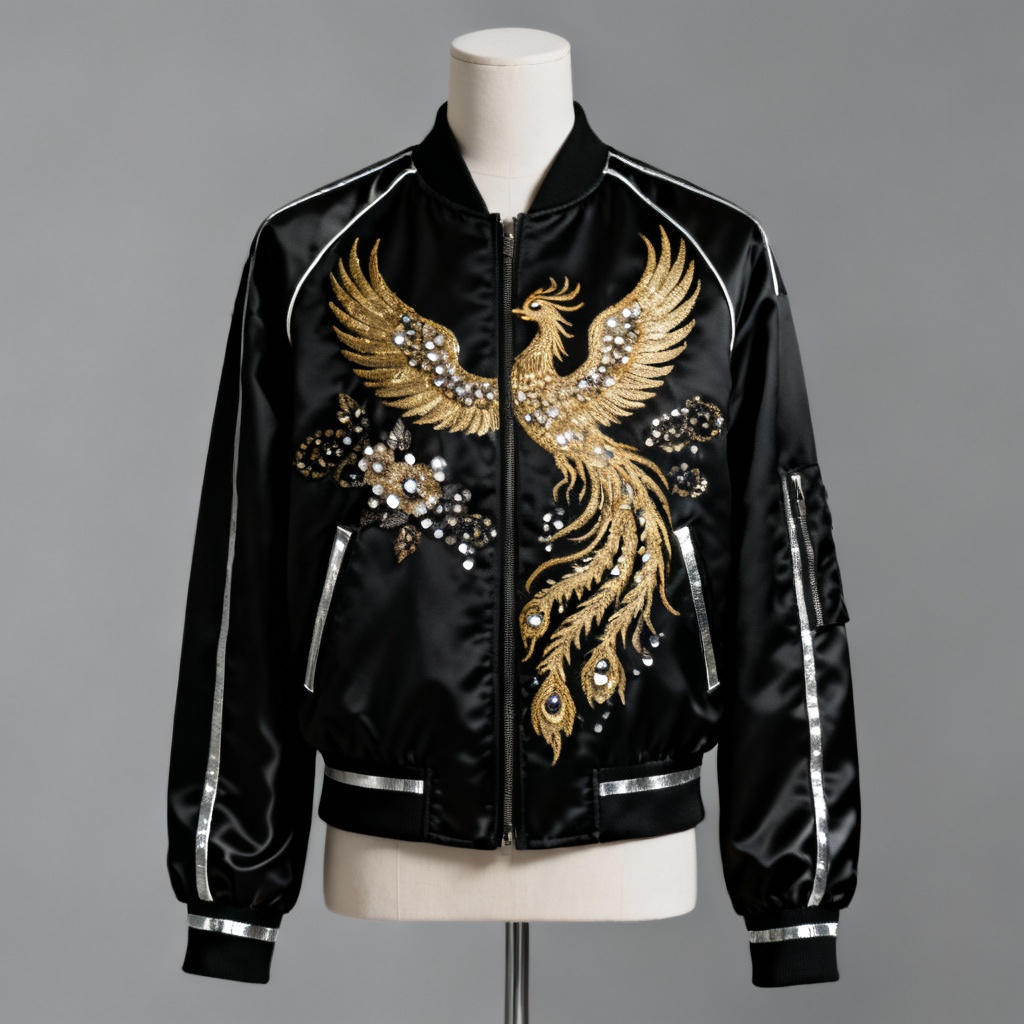 AI decorative wear mockup with gold embroidered phoenix on black jacket