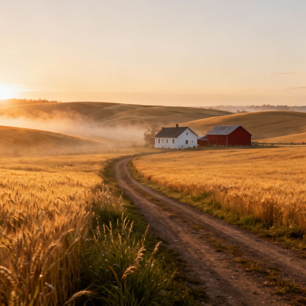 AI rural sunrise over wheat fields with dirt road and farmhouse