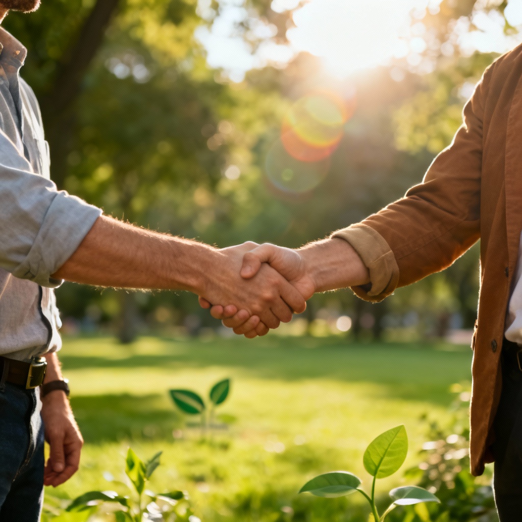 AI eco-friendly partnership handshake outdoors