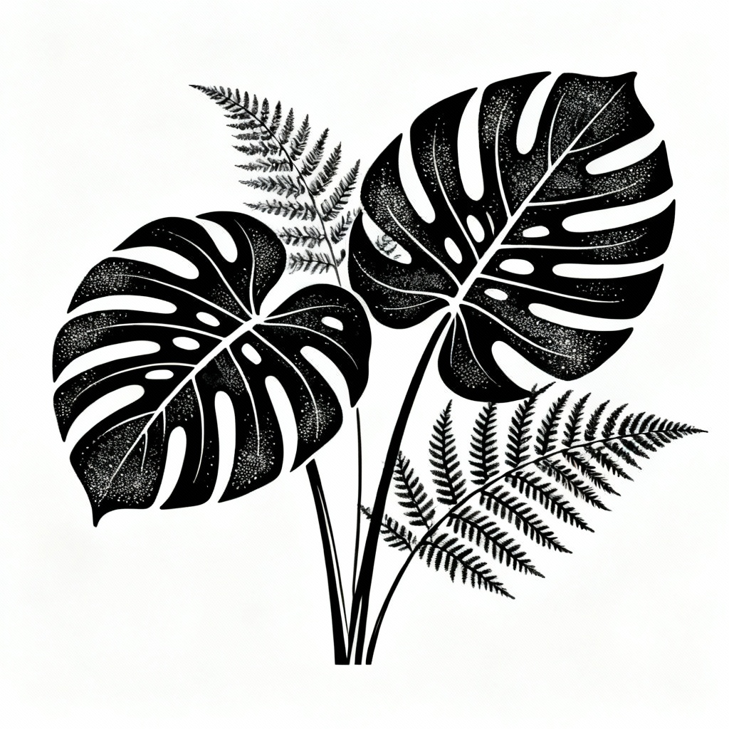 AI black and white botanical line art with clean outlines and stippling