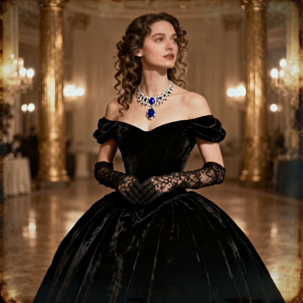 AI victorian noblewoman evening crinoline gown in ballroom