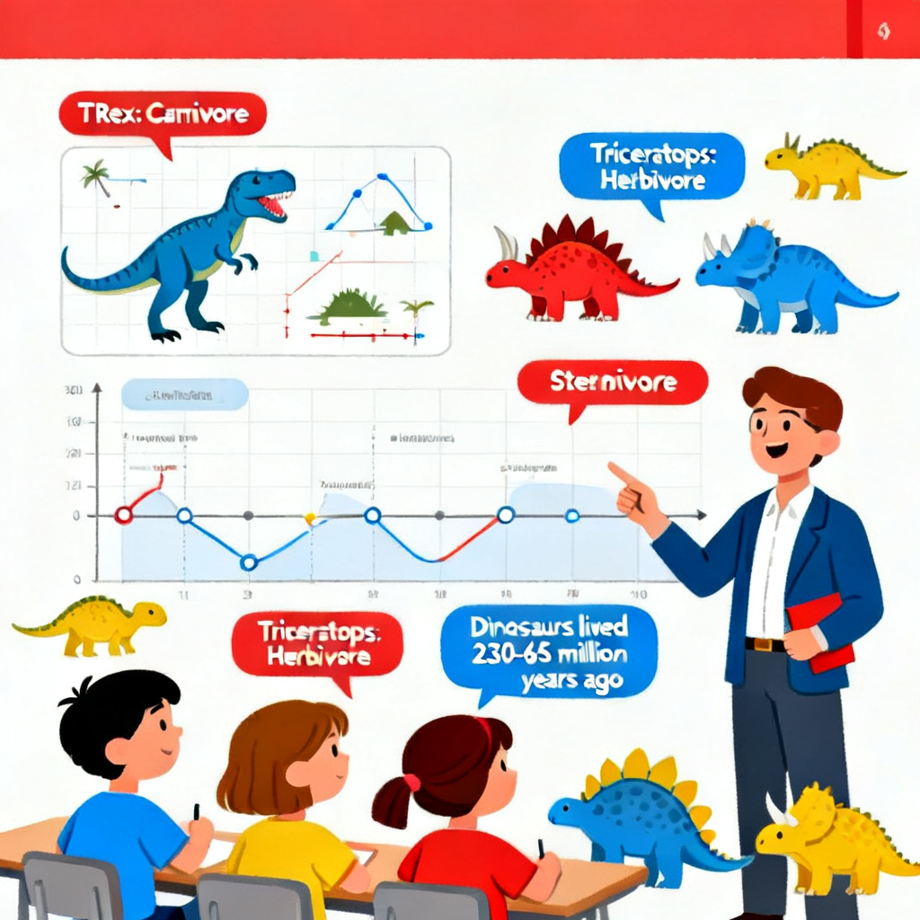 AI educational cartoon book page about dinosaurs in class
