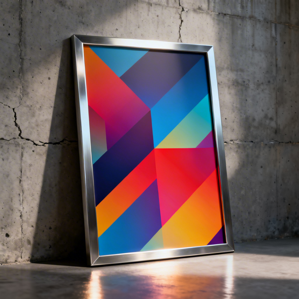 AI industrial brushed metal frame around abstract poster