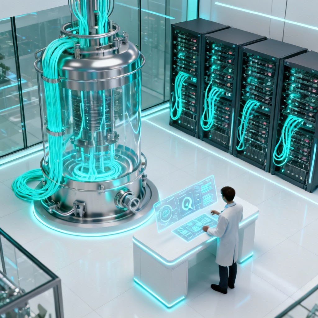 AI quantum computing laboratory with holographic dashboards