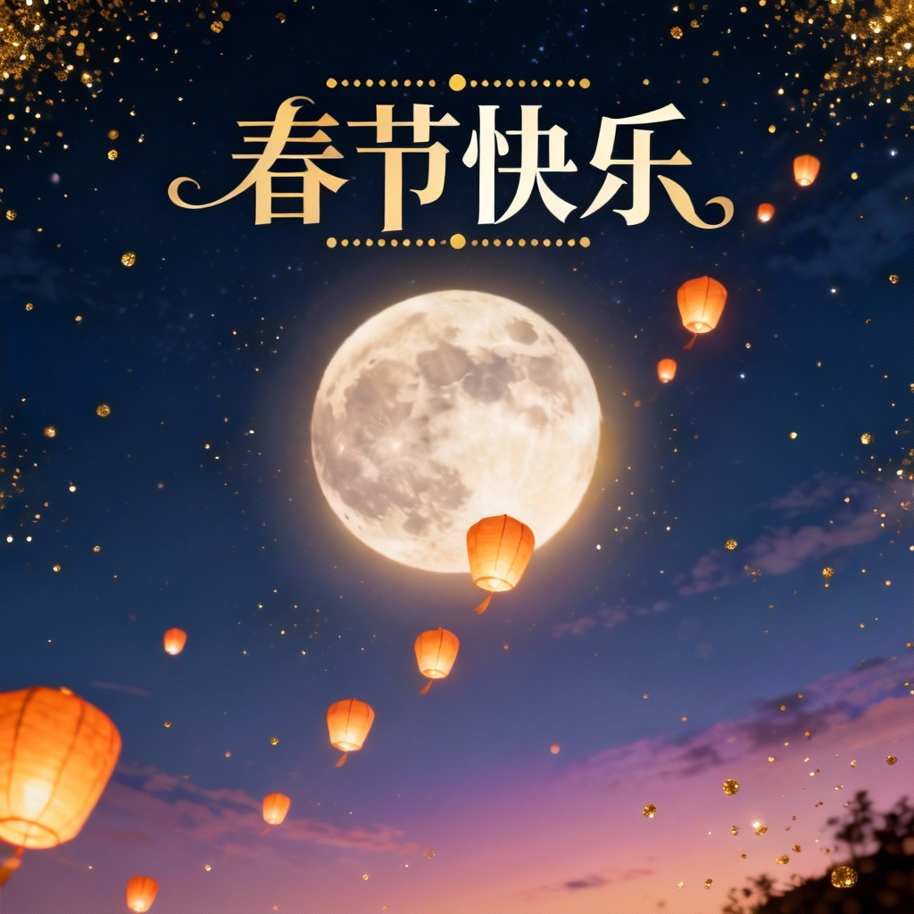 Night sky CNY card with floating lanterns and moon