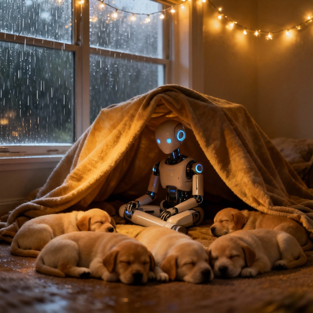AI surrounded by puppies under a cozy blanket fort on a rainy day