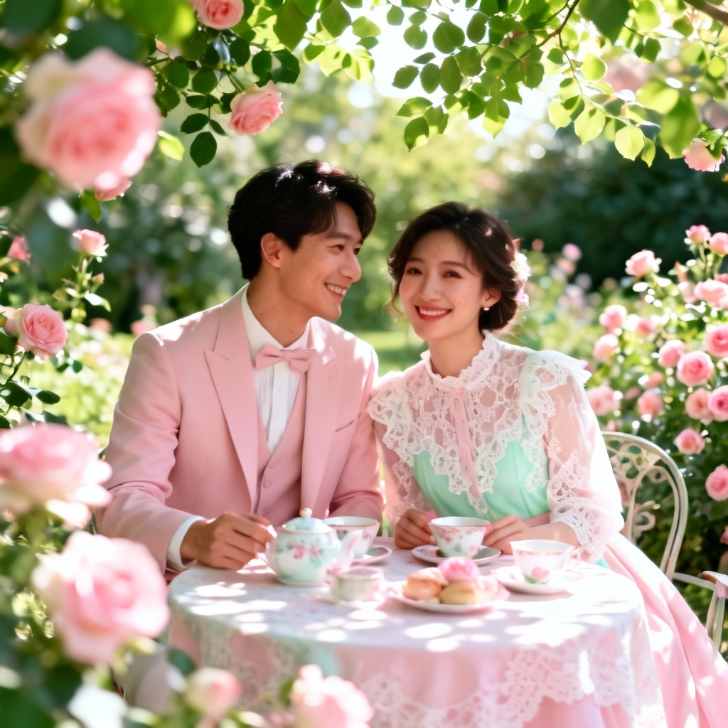 AI elegant couple garden tea party scene