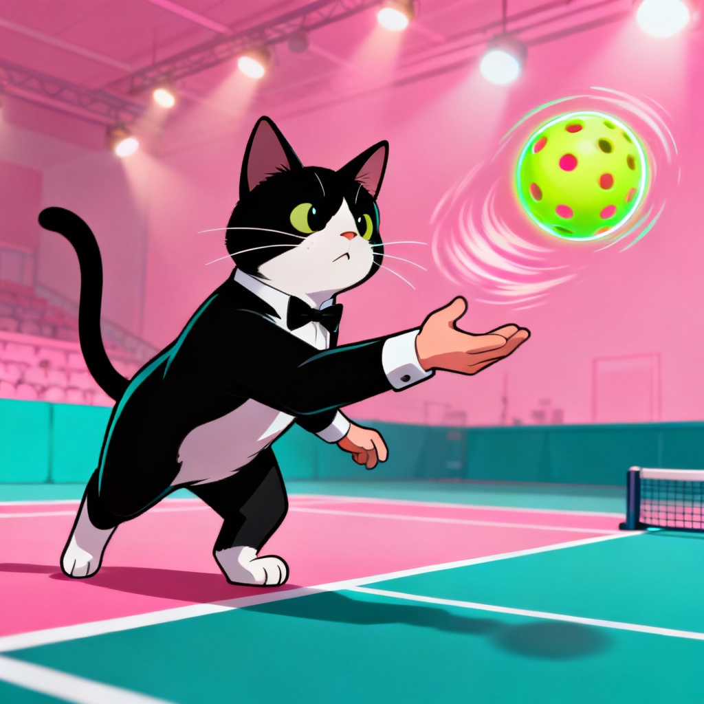 Stylish cat serving a pickleball with flair