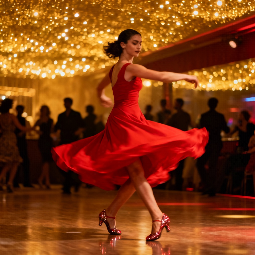 AI salsa dancer girl spinning in a red dress