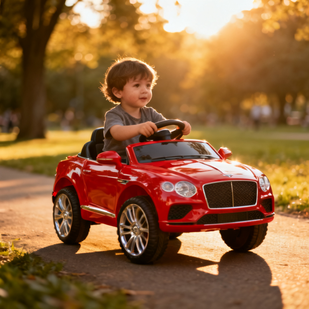 AI child driving a red toy car in a sunny park