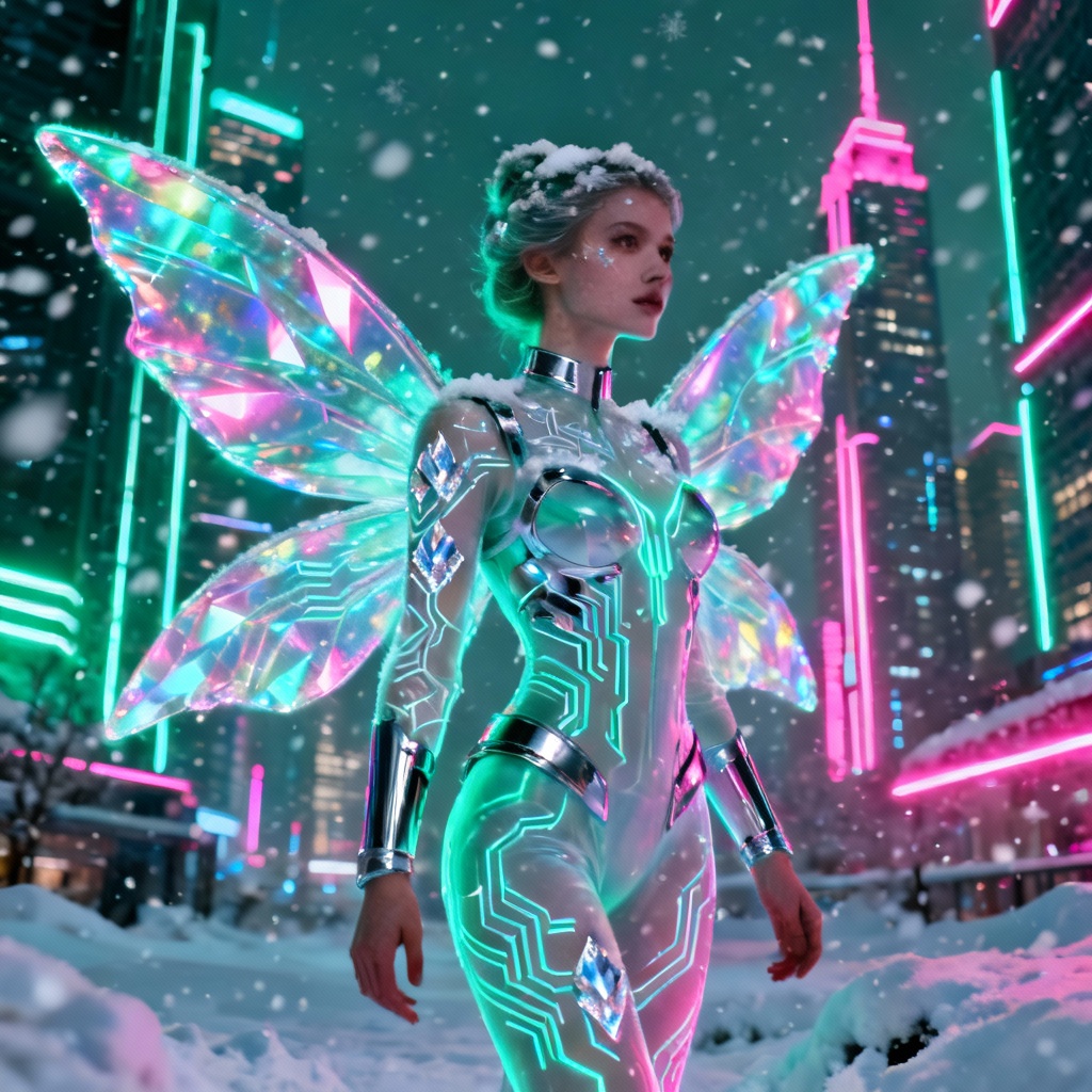 AI Cyber Snow Fae in Futuristic City