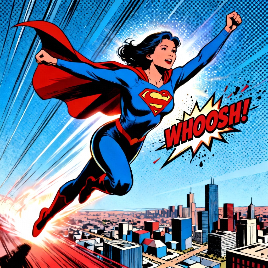 AI Comic Book Super Mom Flying Over City