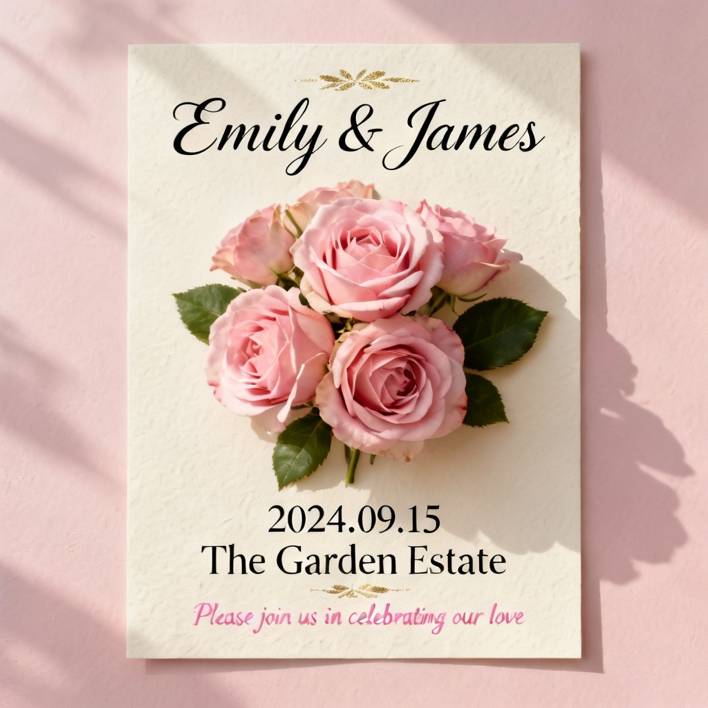 AI modern wedding invitation with blush roses and gold accents