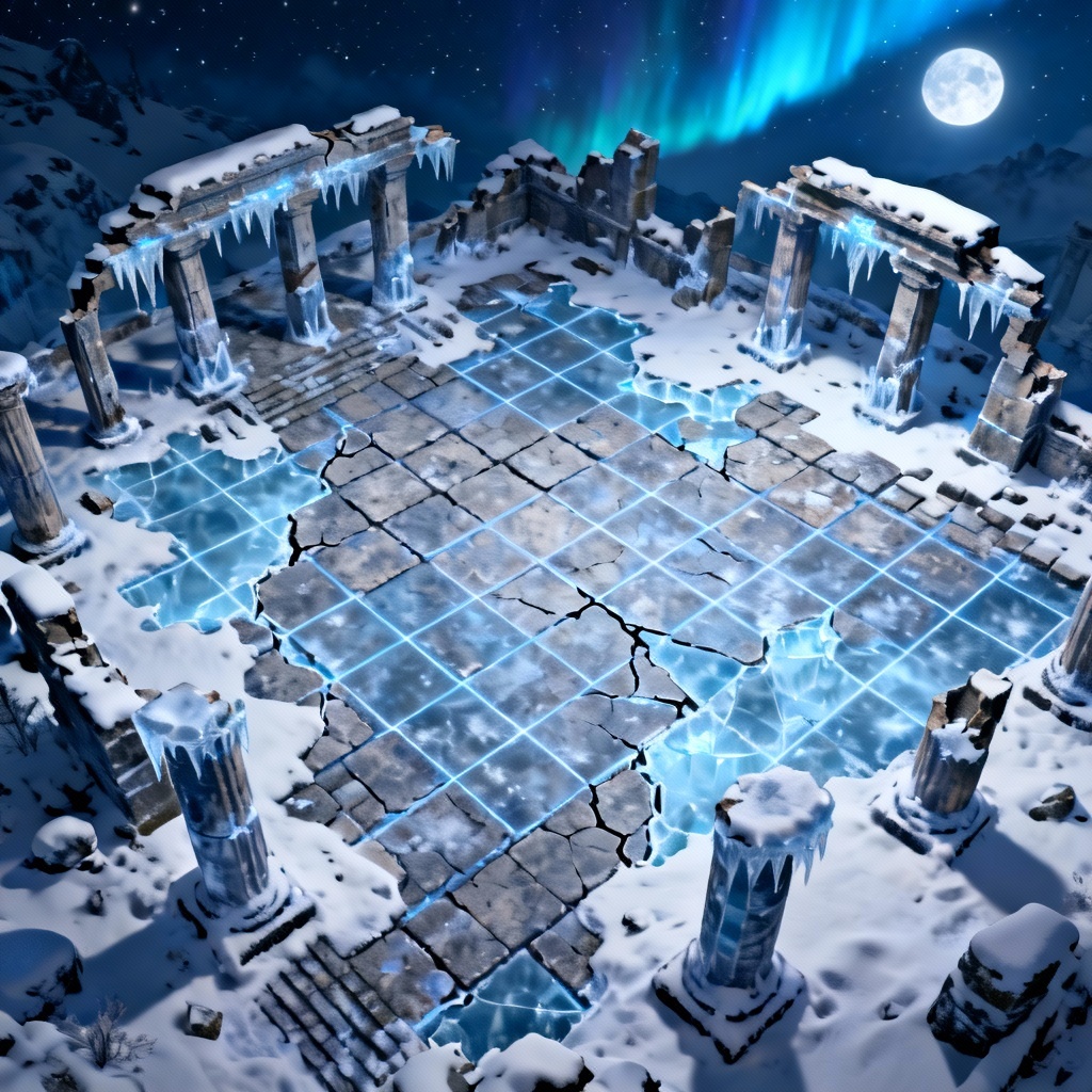 AI snowy ruins nighttime battlemap with aurora sky and grid