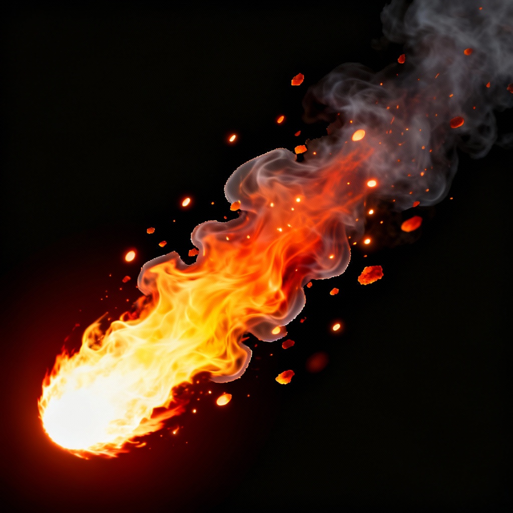Directional fire jet PNG with embers and transparent background