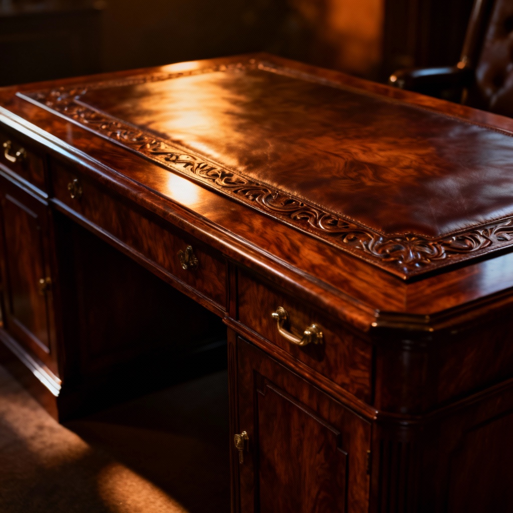 AI luxury walnut presidential desk at night
