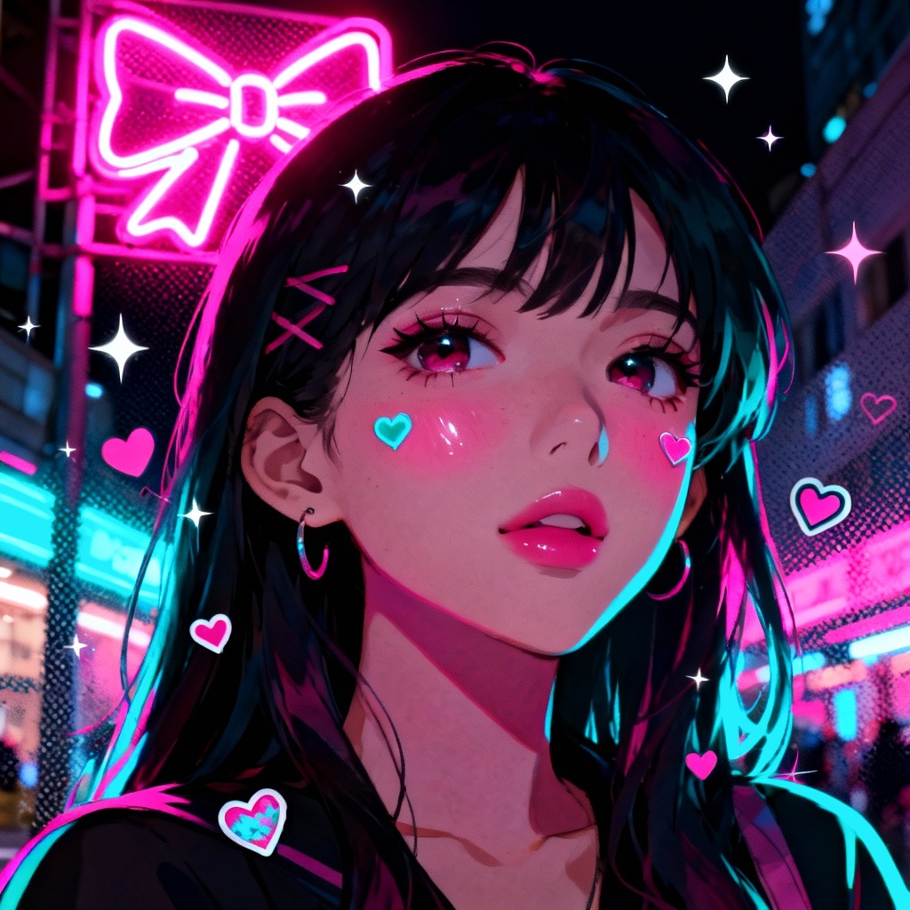 AI Hello Kitty neon pop night selfie