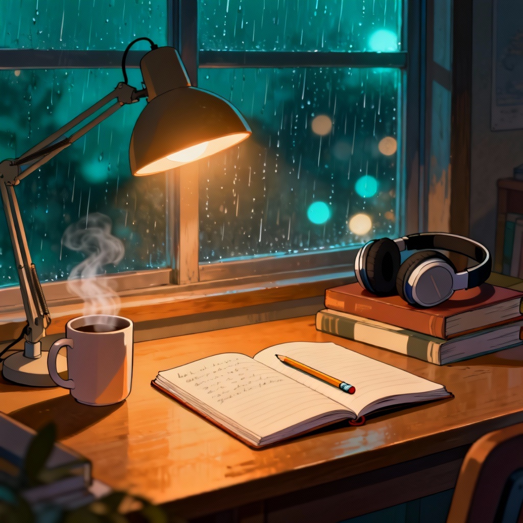 AI lofi study background of a cozy desk by a rainy window with warm lamp light