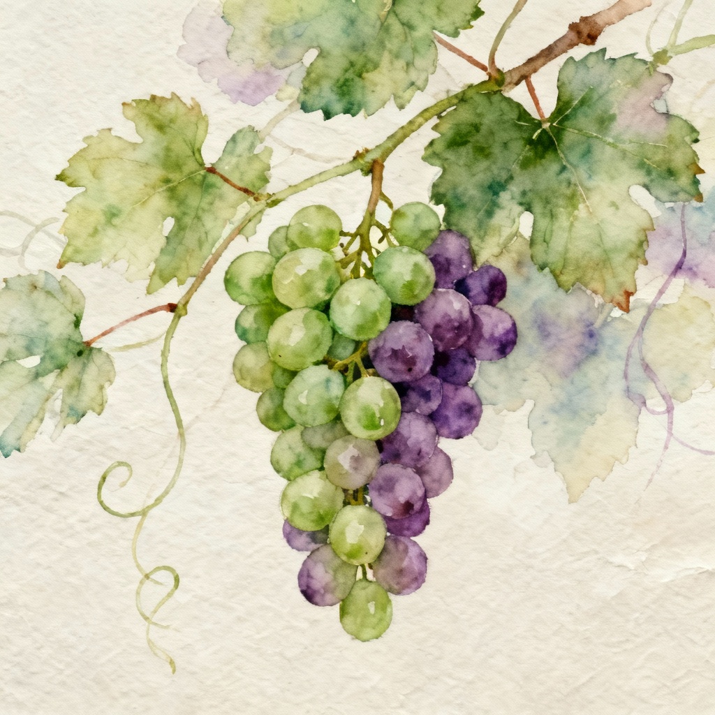 Watercolor painting of grapes and vine leaves