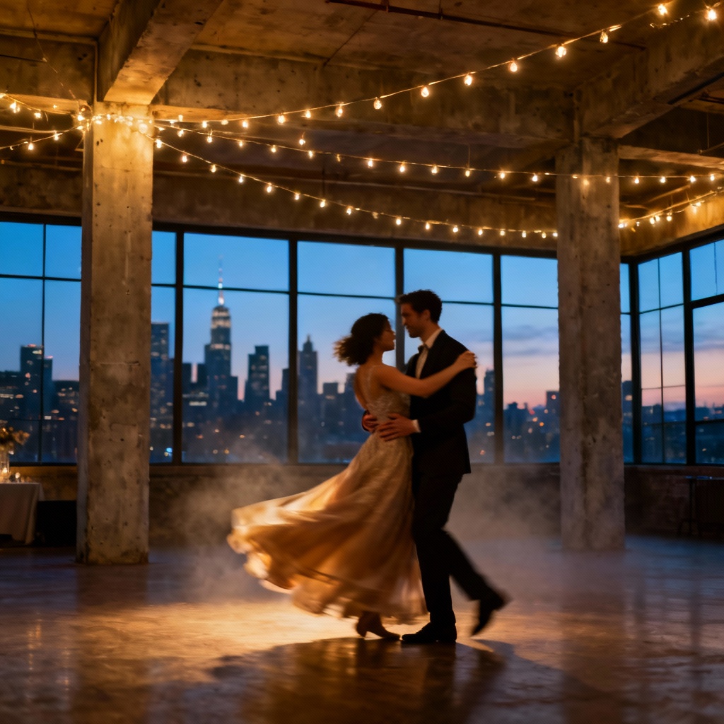 AI chic city loft indoor wedding first dance