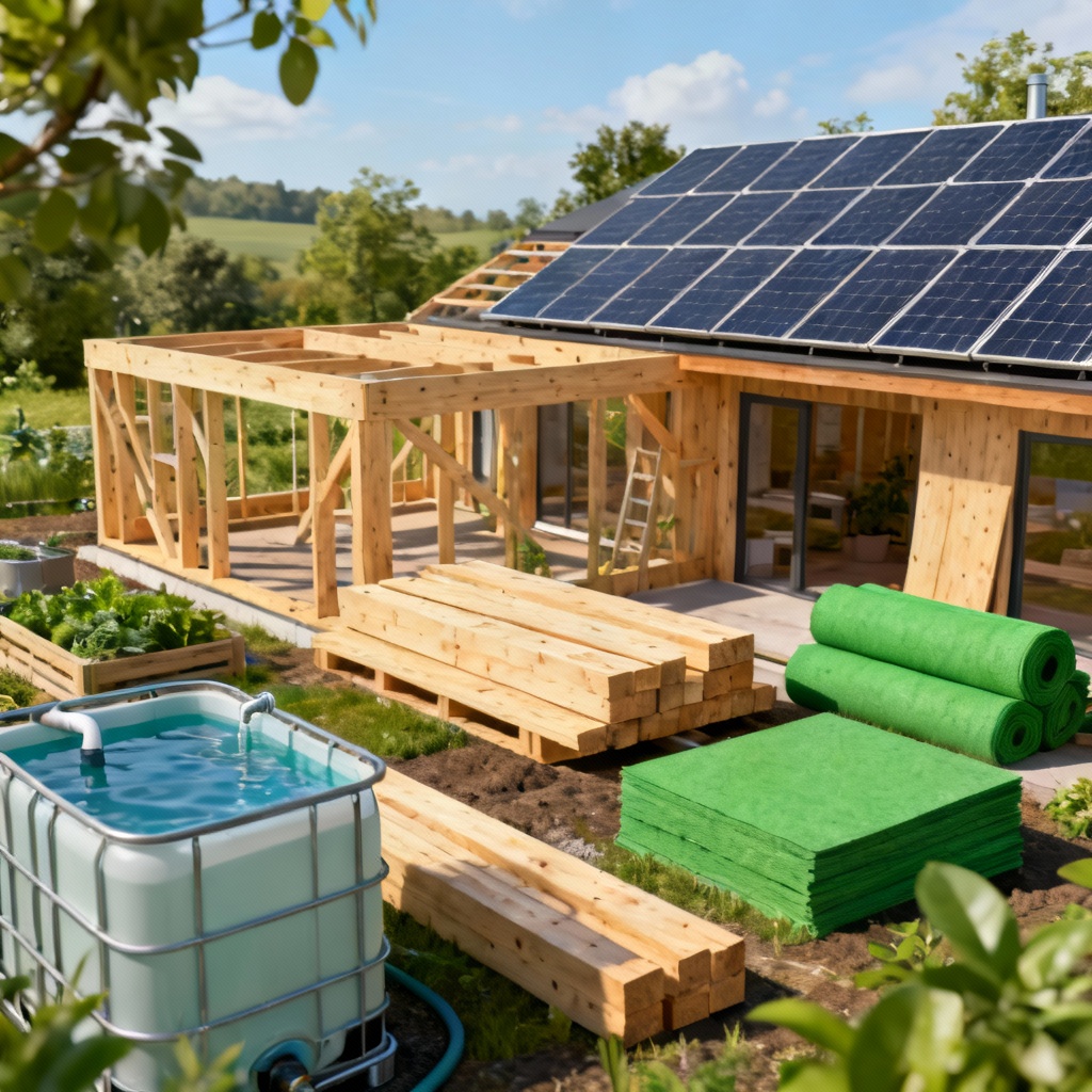 AI eco-friendly timber building site with green materials